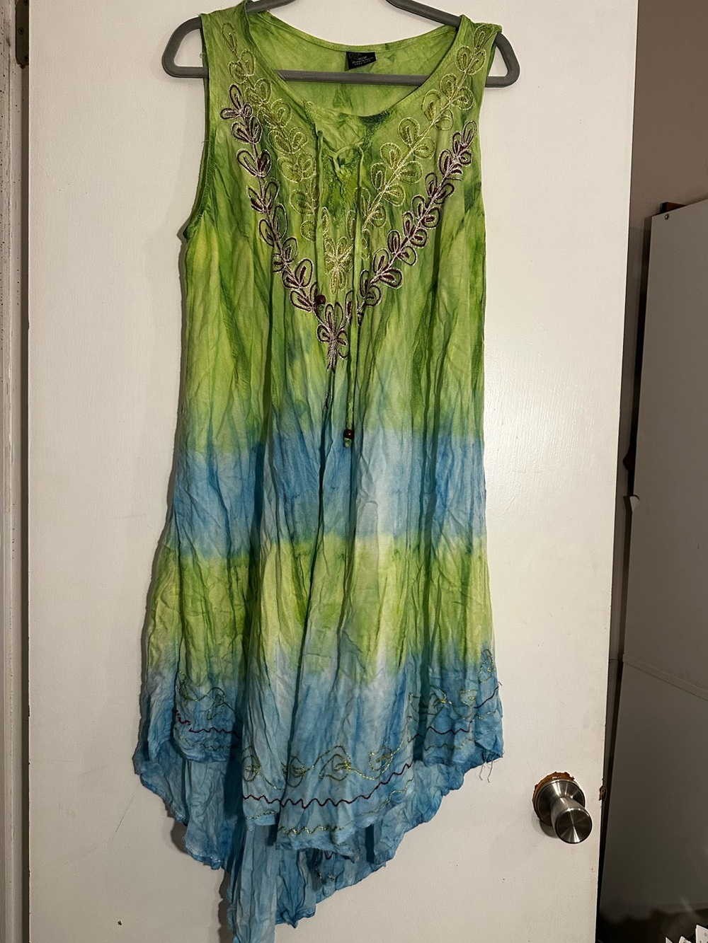 Sleeveless Green & Blue Tie-Dye Embroidered Midi Dress